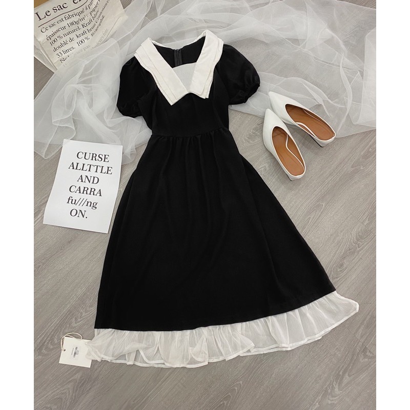 ĐẦM ĐEN PHỐI CỔ CHÂN BÈO TRẮNG | BigBuy360 - bigbuy360.vn