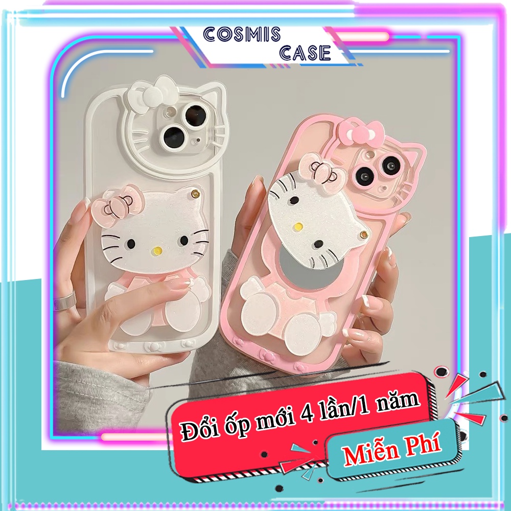 Ốp lưng iphone, ốp điện thoại iphone silicon che cam có gương soi hello kitty, miễn phí đổi trả 4 lần/năm