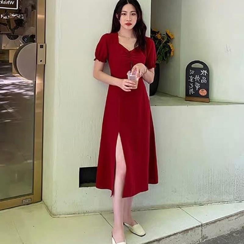 Đầm tay nhún thun xẻ tà 2 màu | BigBuy360 - bigbuy360.vn