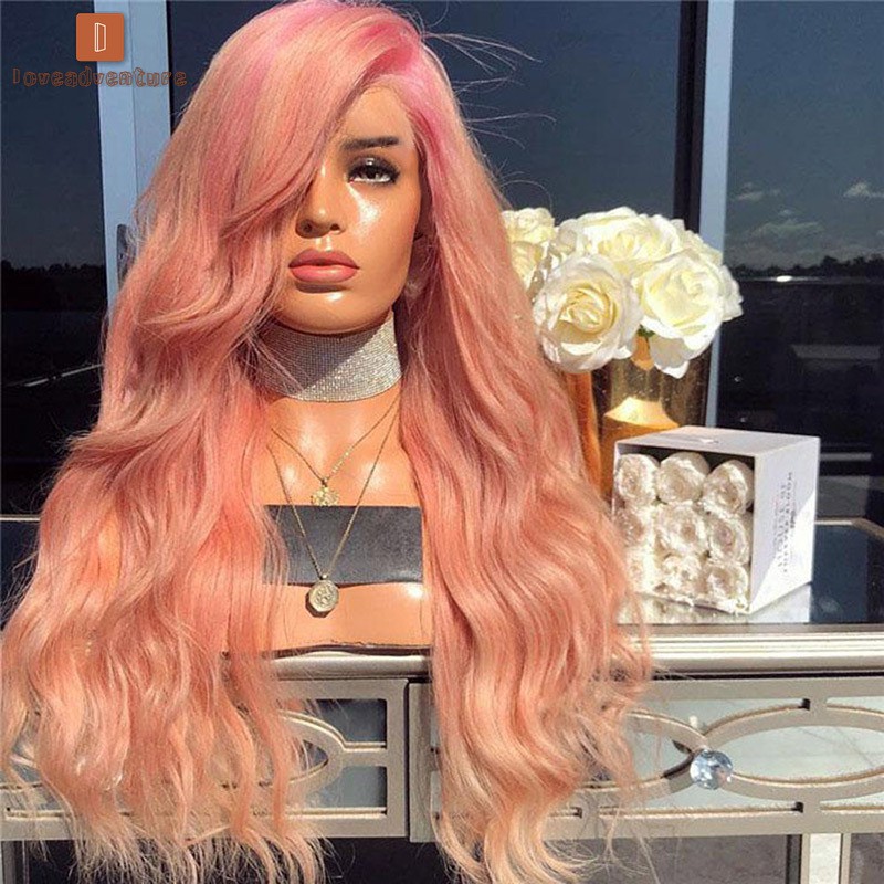 LV△ Women Pink Long Curly Wig Synthetic Wavy Hair Heat Resistant Wig