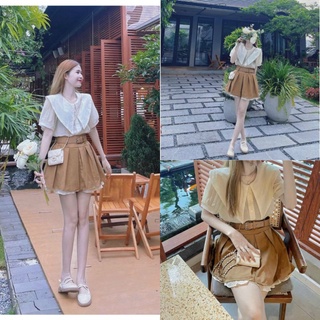 Set Đồ Nữ Ms.1428 Áo Sơ Mi Cổ Sen Vạt To, Chất Tơ Nhăn Phối Chân Váy Kaki Xòe Phối Bèo