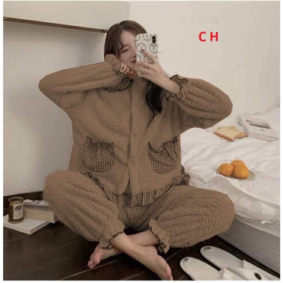 Đồ nữ ngủ Ullzang🌸bộ đồ ngủ mùa đông lông cừu phối viền caro, sét bộ ngủ hàn quốc cổ sen khuy cài ấm áp- THÔNGTHU | BigBuy360 - bigbuy360.vn