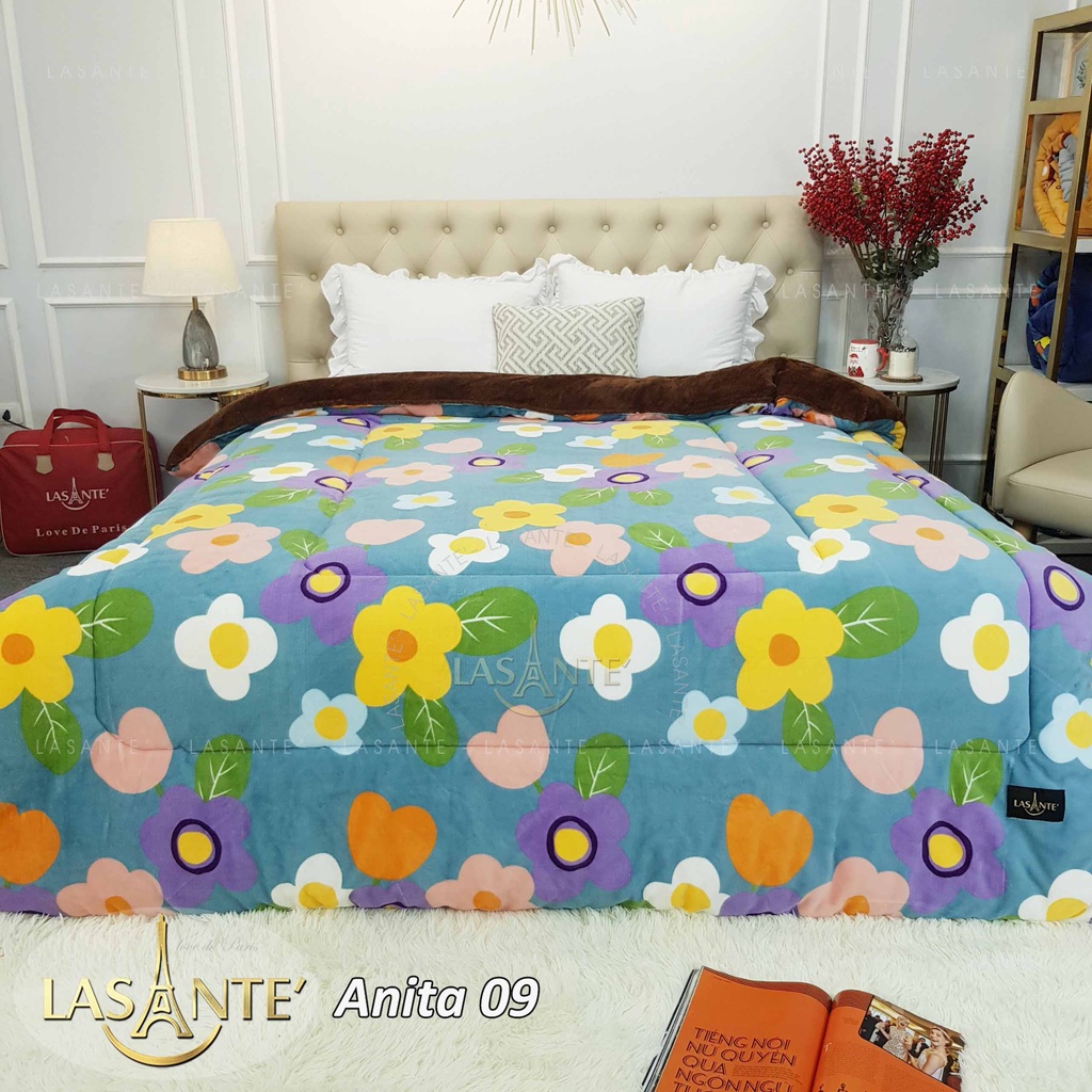 Mền lông cừu cao cấp Pháp LASANTE' Anita 09 họa tiết bông hoa 2m1 x 2m4 mềm mại 3 lớp dày dặn siêu ấm