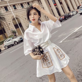 [ORDER TAOBAO/TMALL 052 ] SET Váy Sơ Mi Tay Lỡ Túi Thêu Thổ Cẩm + Thắt Lưng Bản To
