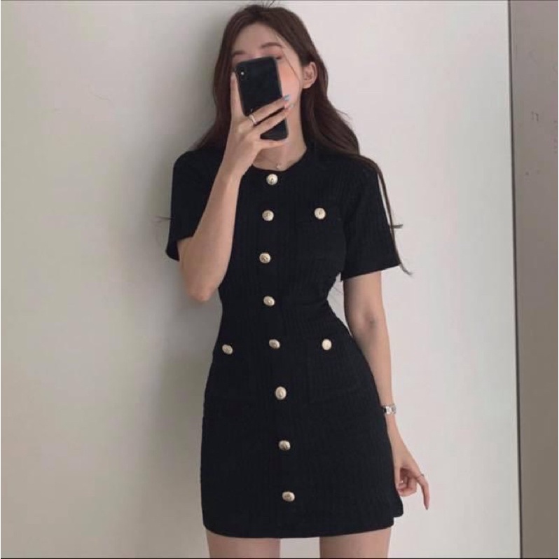 Đầm body kiểu nữ tay ngắn len gân có túi cổ tròn viền trắng - Order taobao quảng châu