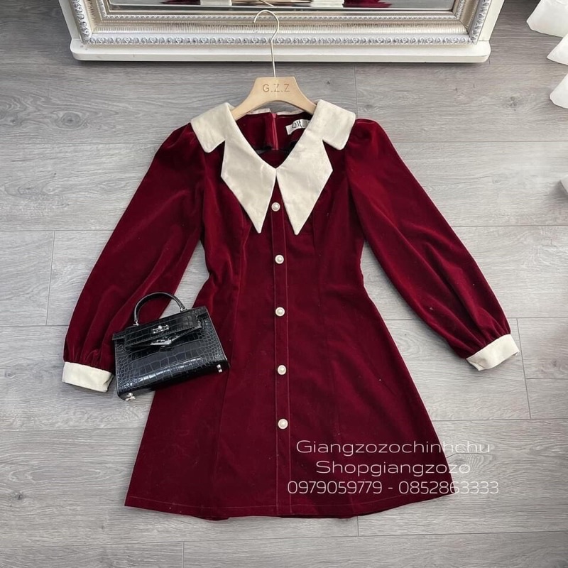 Bán sỉ váy nhung phối cổ trắng
