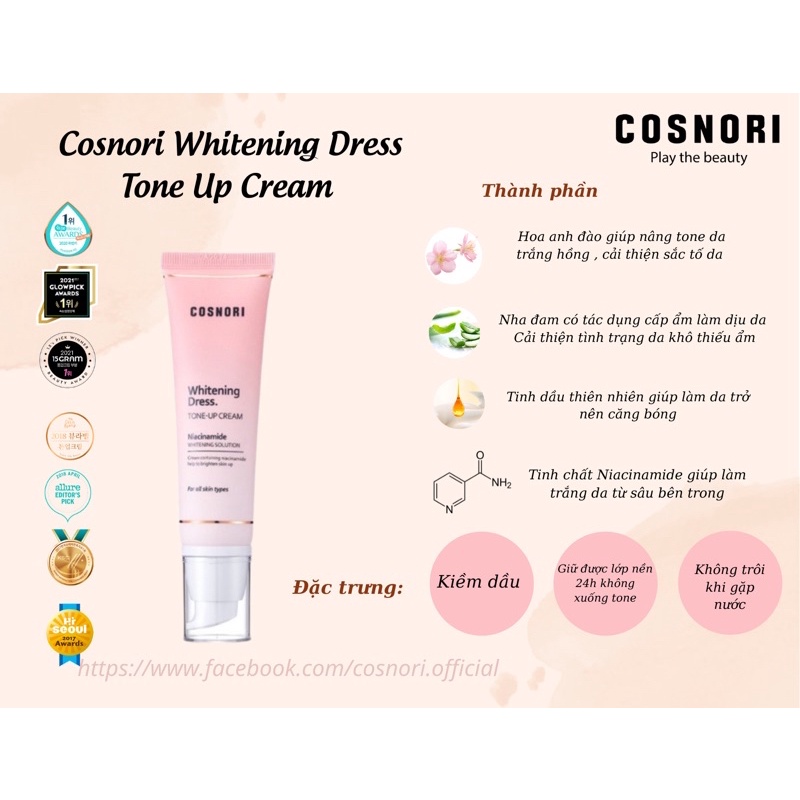 Kem dưỡng trắng da nâng tone Cosnori Whitening Dress Tone-up Cream 50ml