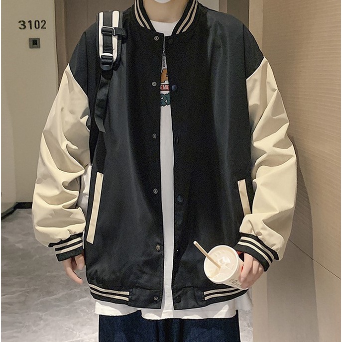 【S-3XL】 Áo khoác bóng chày dáng rộng phối màu tương phản thời trang cho nam S-3XL
