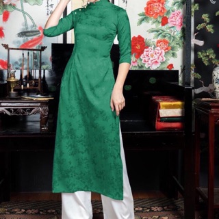Bộ áo dài gấm thái tuấn xanh lá (áo và quần) - freeship 30k