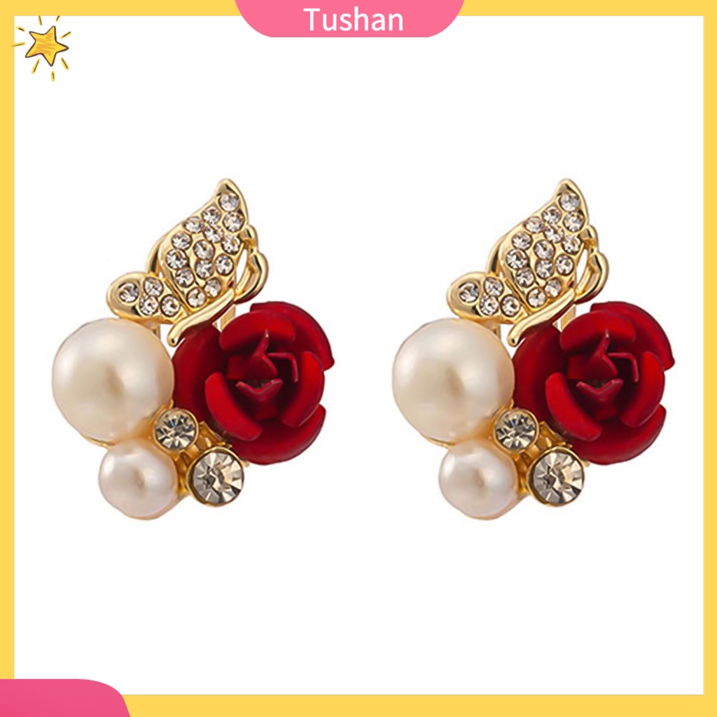 Bông tai hình hoa hồng đính ngọc trai giả thời trang