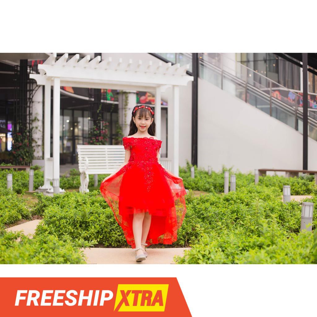 Đầm công chúa bé gái Đỏ Đuôi Trễ Vai ren thêu 3D cao cấp đầm bé gái cực xinh