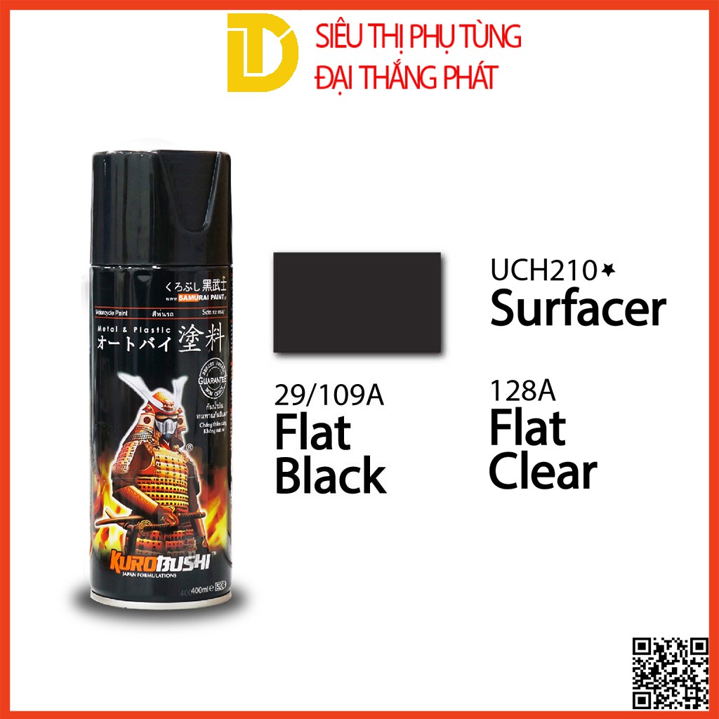 Combo cơ bản sơn Samurai, sơn xịt xe máy màu đen nhám 29/109A (Lót UCH210, màu 29/109A, phủ 128A)