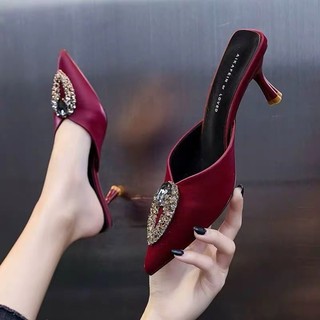 Hàng sẵn- Dép sục cao gót mũi nhọn đính đá 6,5cm