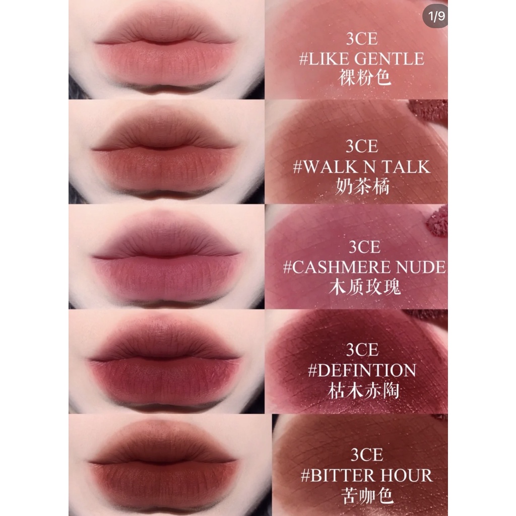 Son Kem 3CE Velvet Lip Tint 5 Mẫu Mới 2021 Màu Walk n talk, Like gentle, Cashmere nude, Definition, Bitter hour