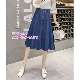 Chân váy jean denim xòe đính nút trước, chân váy bò công sở hay dạo phố - DTH