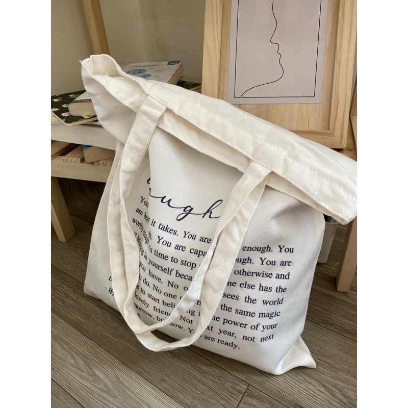 Túi tote vải canvas in chữ Enough túi đeo vai có khoá miệng