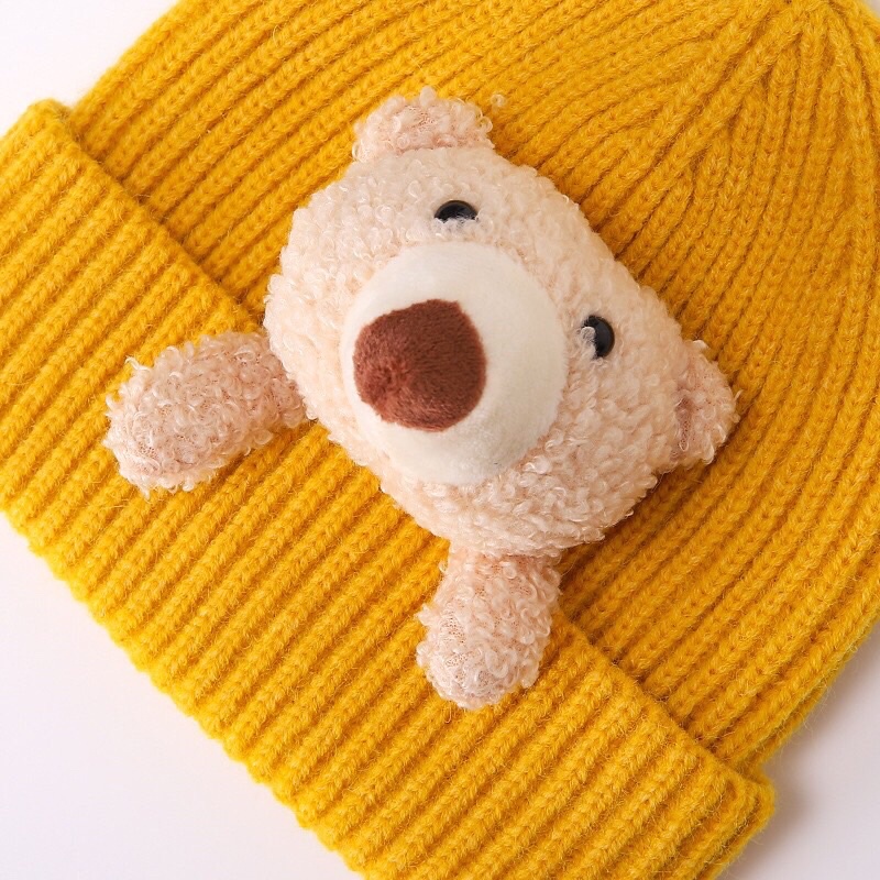 Mũ len mũ beamin đính gấu cute cho bé nhiều màu sắc