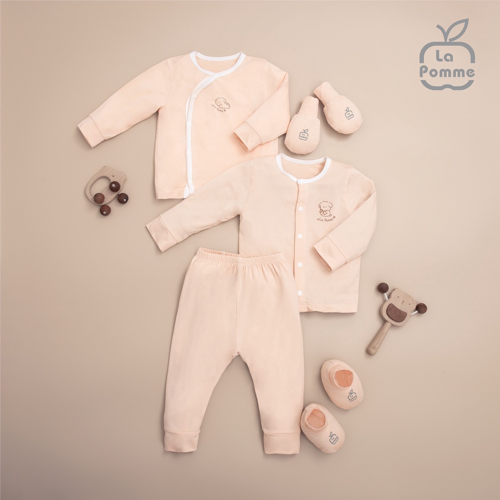 Set combo La Pomme chất Petit Soyeu sơ sinh dài tay cài giữa cài chéo bodysuit màu be kem cho bé 14030 23030 15030 25030