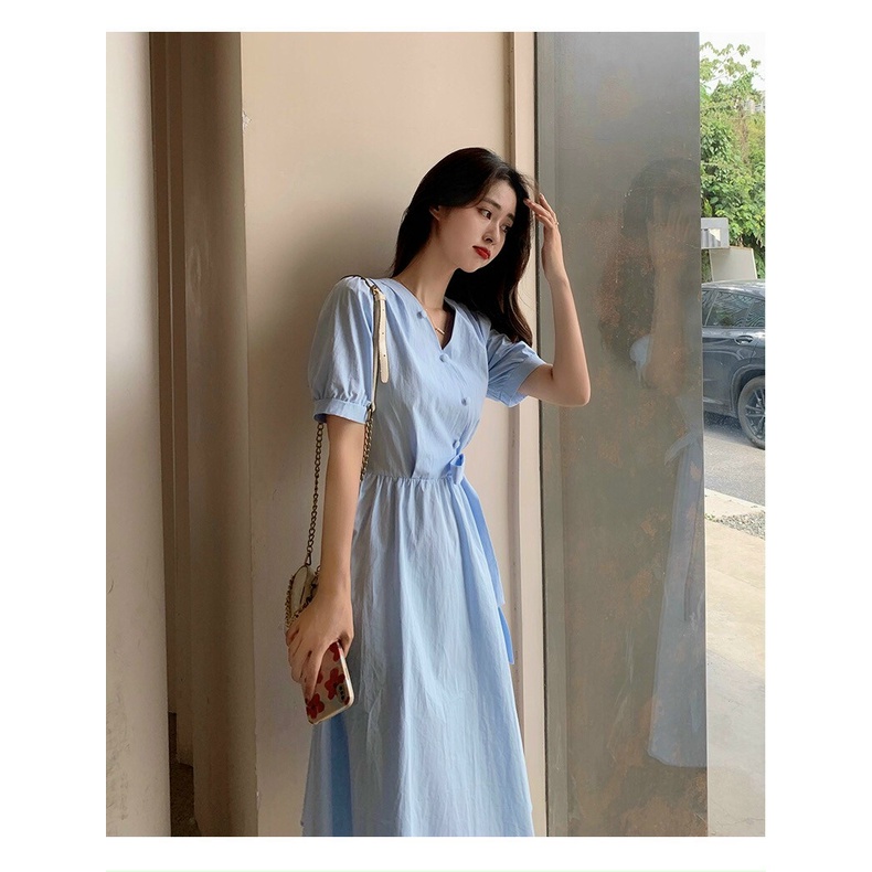 Váy thiết kế dáng dài, đầm đi chơi cổ V kèm thắt đai eo xinh xắn
