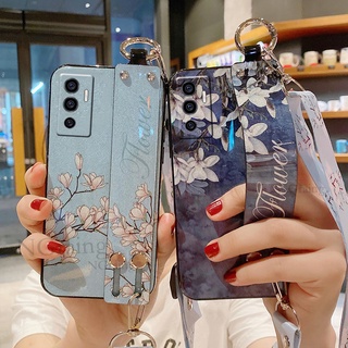Ốp điện thoại Vivo V23e Flowers Bling Long lanh có dây đeo cổ tay và có thể điều chỉnh Mặt sau dây đeo chéo