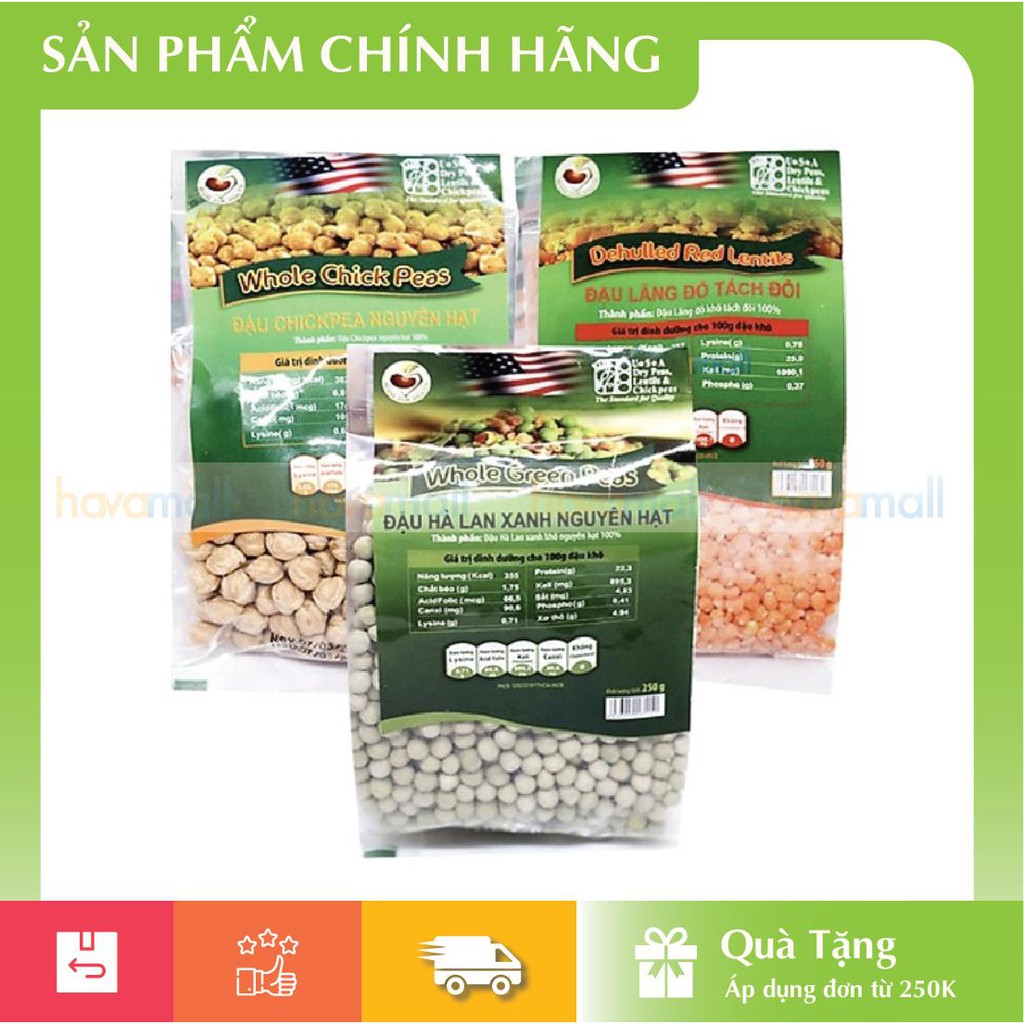 [Hàng Chính Hãng] Combo 3 Loại Đậu Gà (250gr) + Đậu Lăng Đỏ (250gr) + Đậu Hà Lan Xanh (250gr)