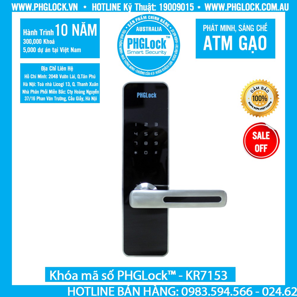 Khóa mã số,thẻ từ cho cửa gỗ,thép chống cháy PHGLock™ - KR7153 màu bạc chính hãng bảo hành 24 tháng .