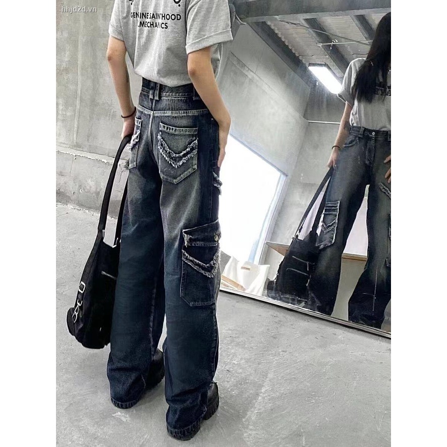 Quần Jean Dài Ống Rộng Phong Cách Retro Đường Phố Mỹ Cá Tính