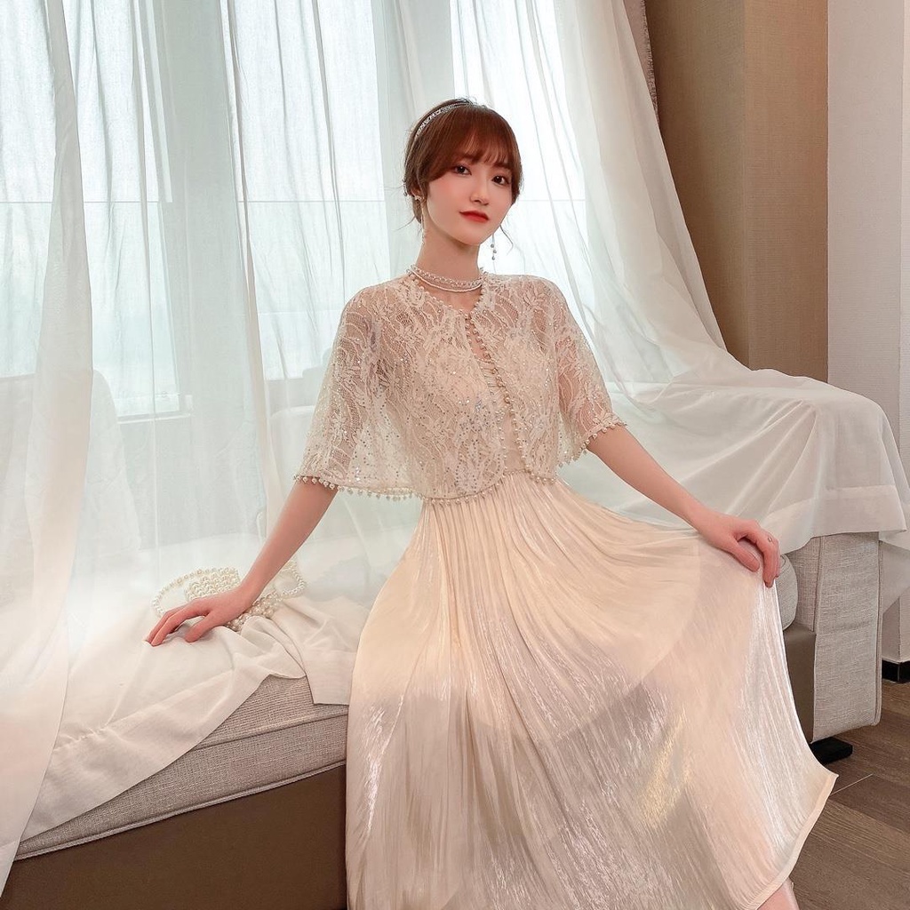 Áo Choàng Sườn Xám Phối Ren Đính Ngọc Trai Thời Trang Xuân Hè Cá Tính