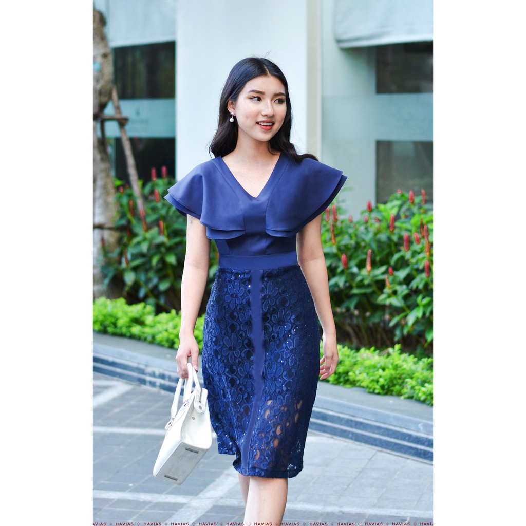 Đầm Classy Wing Sleeve Twinkle Lace Navy Dress HAVIAS