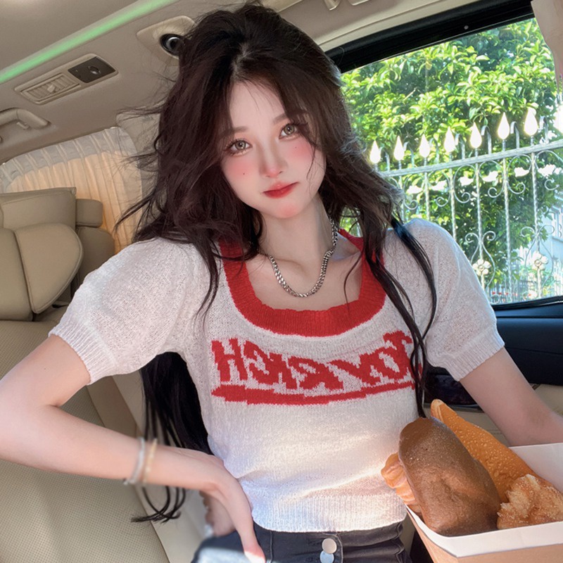 Áo Thun Croptop Ngắn Tay Cổ Vuông Thiết Kế Thoáng Khí Thời Trang Cho Nữ