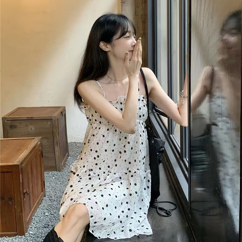 Đầm Perty in hoa hai dây thiết kế mới thời trang mùa hè phong cách Hàn Quốc cho nữ