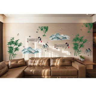 decal dán tường cây và núi