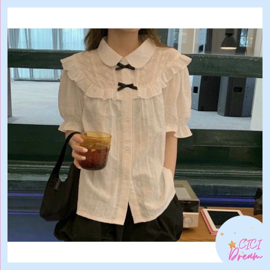 Áo sơ mi nữ trắng dài tay đính nơ cổ đứng babydoll bo chun, Áo sơ mi nữ trắng dài tay bồng cổ buộc nơ siêu xinh