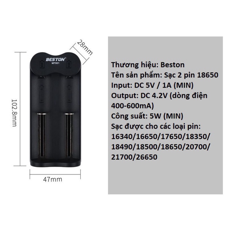 Pin sạc 18650 3.7V  Beston chính hãng dung lượng cao Kèm bộ sạc - Pin chuyên dụng Đèn pin siêu sáng