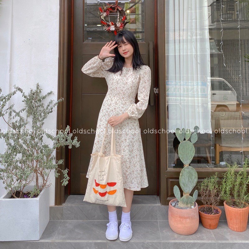 [Ảnh thật] Váy hoa nhí dáng dài thắt nơ - Váy hoa cỏ chất lụa hàn vintage