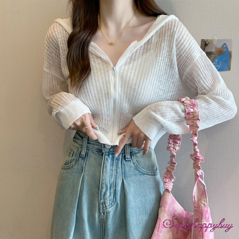 Áo Khoác Cardigan Dệt Kim Chống Nắng Vải Lụa Lạnh Mỏng Xuyên Thấu Có Mũ Trùm Che Nắng Cho Nữ