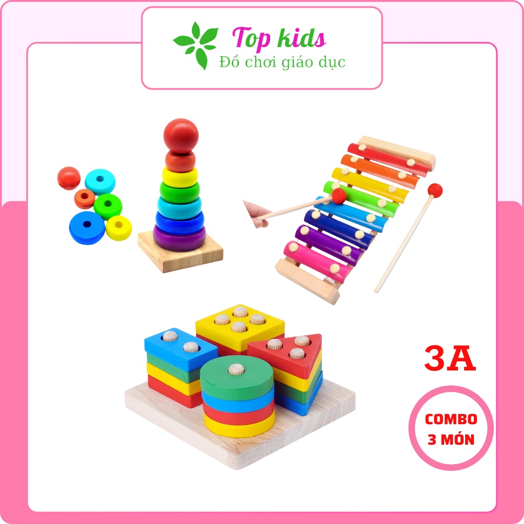 Bộ xếp hình gỗ montessori combo 3 món đồ chơi ghép hình cho bé thông minh trí tuệ trò chơi giáo dục sớm TOPKIDS