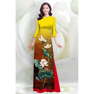 SÉT ÁO DÀI LỤA TRUYỀN THỐNG IN HOA SEN & CHIM CÒ