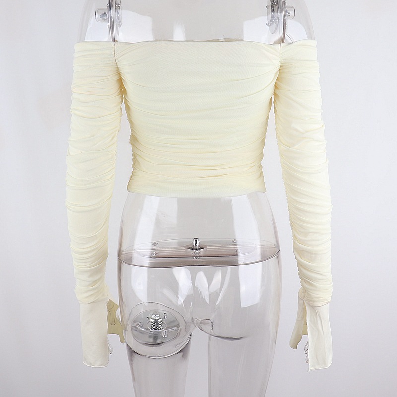 DUNEA Áo thun tay dài trễ vai phối lưới xếp ly thời trang dành cho nữ