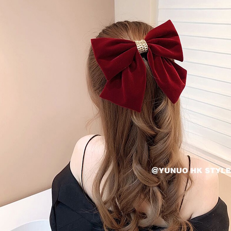Kẹp Tóc Nơ Lớn Bằng Nhung Phối Dây Xích Màu Đỏ Phong Cách Hàn Quốc Cho Cô Dâu