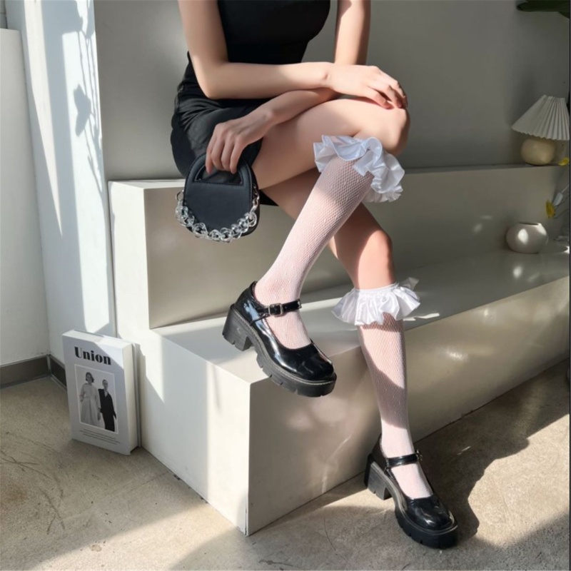 Ivy Vớ Ống Lửng Qua Bắp Chân Ống Dài Qua Bắp Chân Vải Satin Phối Lưới Chấm Bi Rỗng Xuyên Thấu Tr