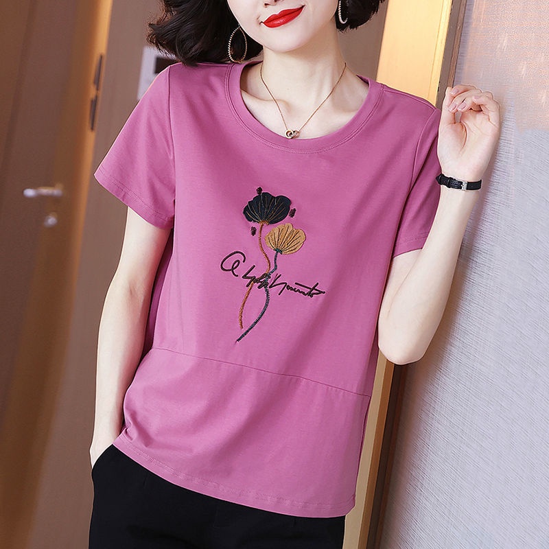 Áo Thun cotton Ngắn Tay Thêu Họa Tiết Thời Trang Cho Nữ Trung Niên