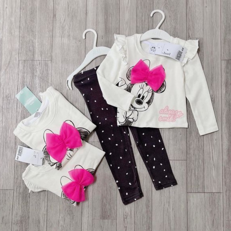 Đồ bộ cho bé gái áo mickey nơ quần legging chấm bi xinh sắn cho bé chất liệu cotton tạo sự thỏa mái cho bé JIMADO