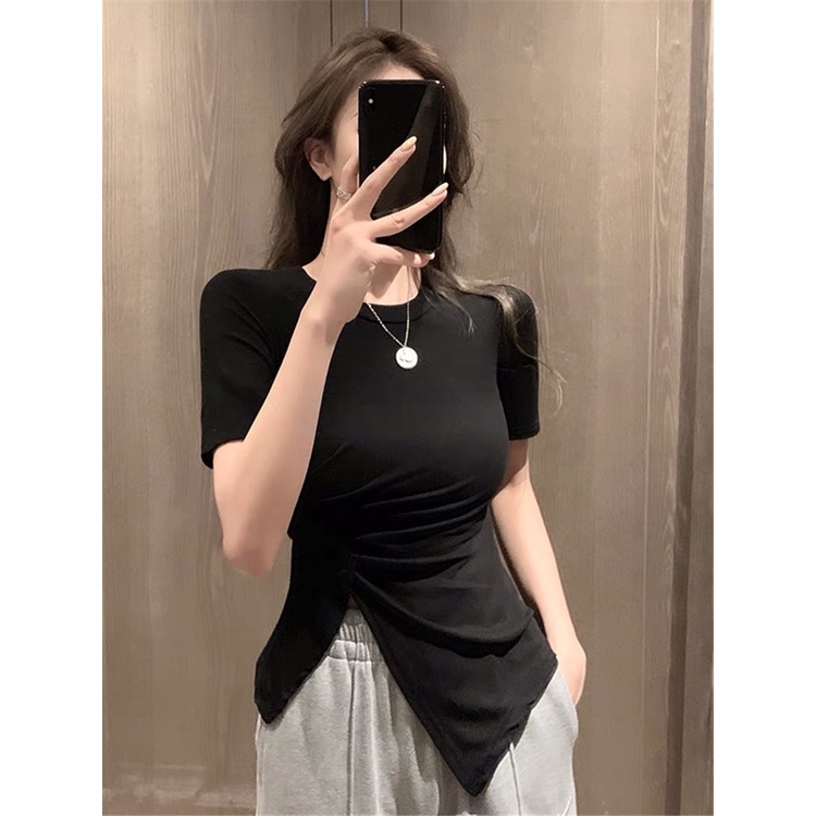 Áo Xẻ Vạt Tà Lệch Nhún Eo Ngắn Tay Áo Kiểu Nữ Chất Vải Thun Bozip Mềm Mại - Titifa Shop