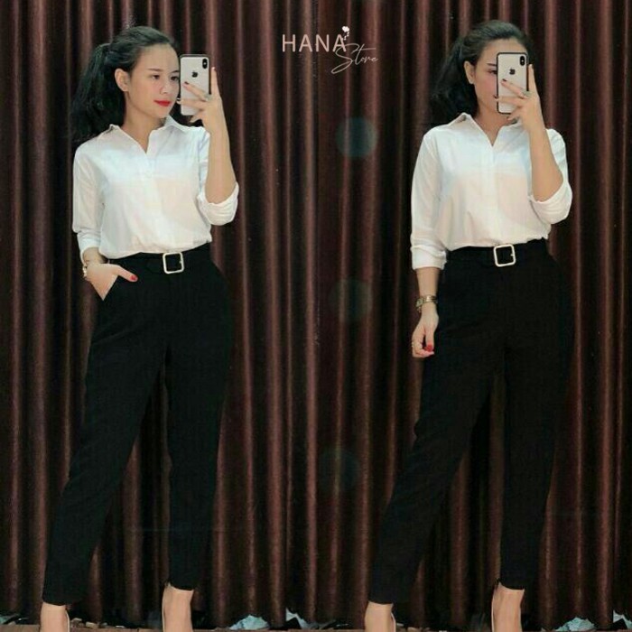 Quần Baggy nữ đai vuông cúc bấm kiểu mới - Màu Đen Xanh Thanh - Chất vải Vitex cao cấp - Mặc đi làm công sở -Đi học xinh