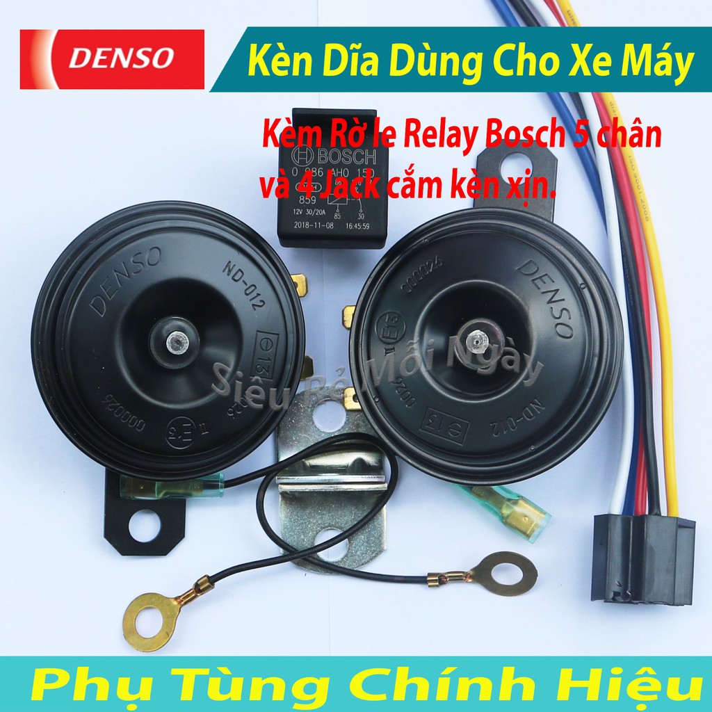 Cặp Kèn Dĩa Denso 12V Dùng Cho Xe Máy Kèm Rờ le Relay Bosch, 5 chân và 4 Jack cắm kèn