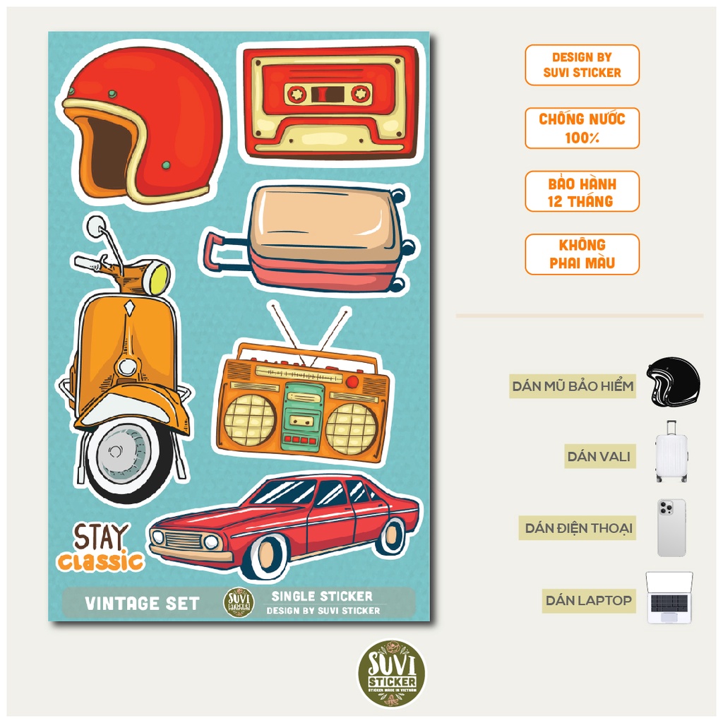 STICKER LẺ - Sticker Vintage dán mũ bảo hiểm, laptop, điện thoại, vali. MSP: SS07