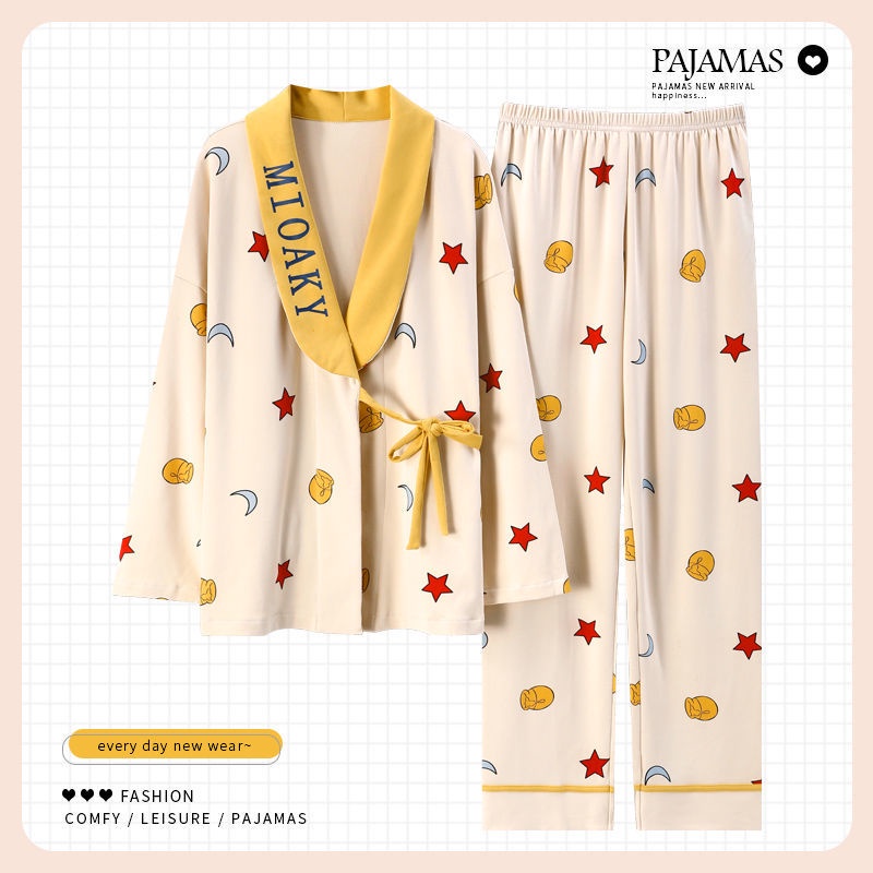 Bộ đồ ngủ kimono Nam Cực phụ nữ cotton tinh khiết dài tay dây buộc kiểu Nhật Bản gợi cảm dễ thương phục vụ tại nhàyf