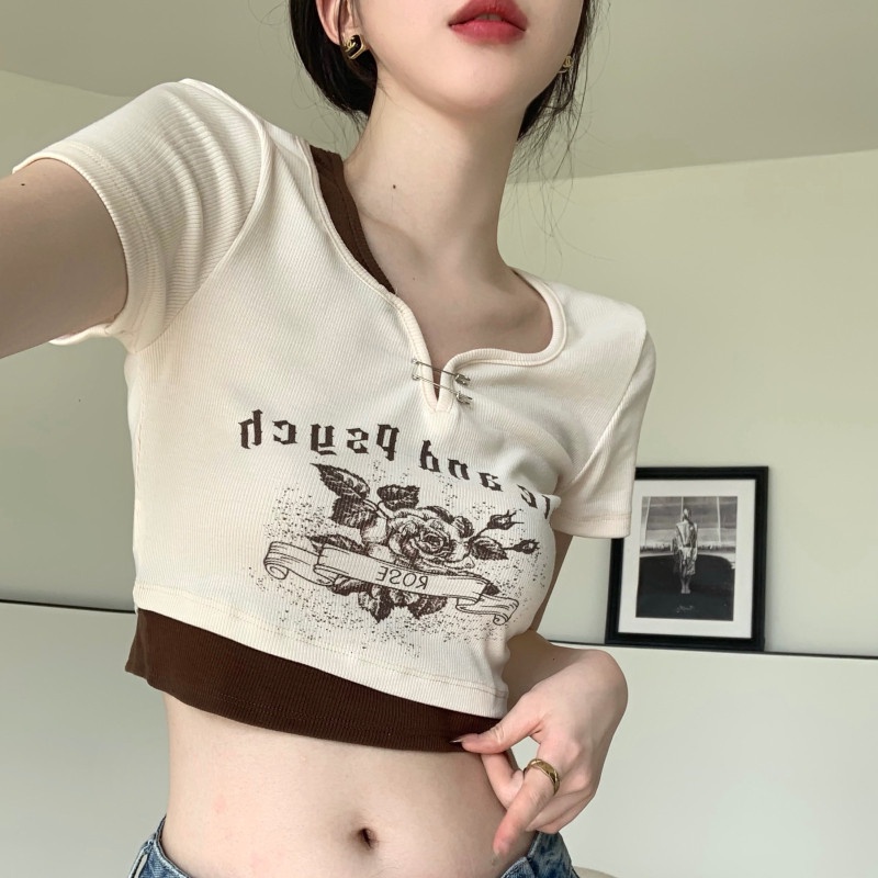 Áo Thun Croptop Tay Ngắn In Họa Tiết Phong Cách Retro Thời Trang Cho Nữ