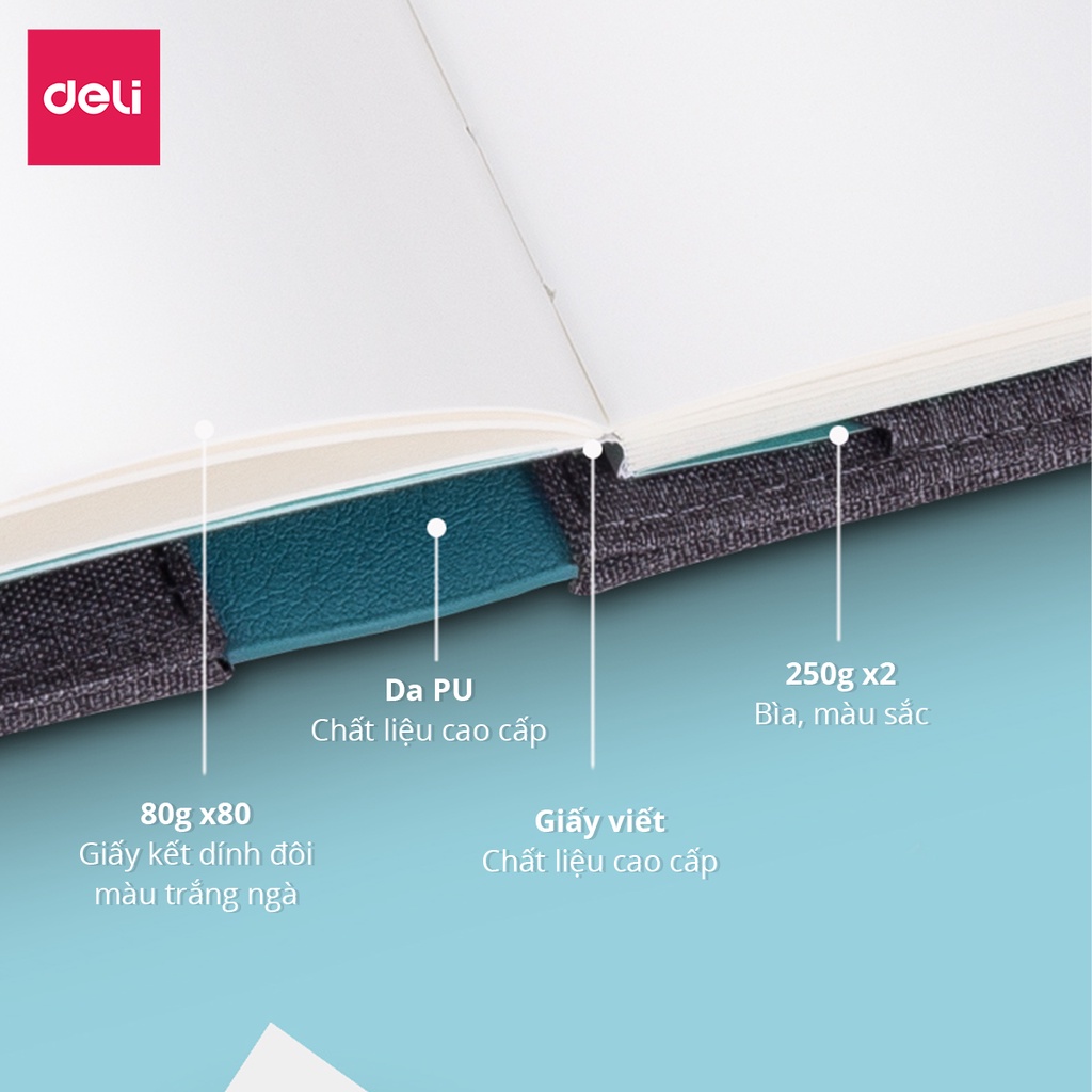 [LIFEMC02BPABAU -10% đơn 250K] Sổ tay cao cấp bọc vải, gáy da 160 trang Deli - tích hợp ví - Xanh dương/Hồng/Xám - NS245